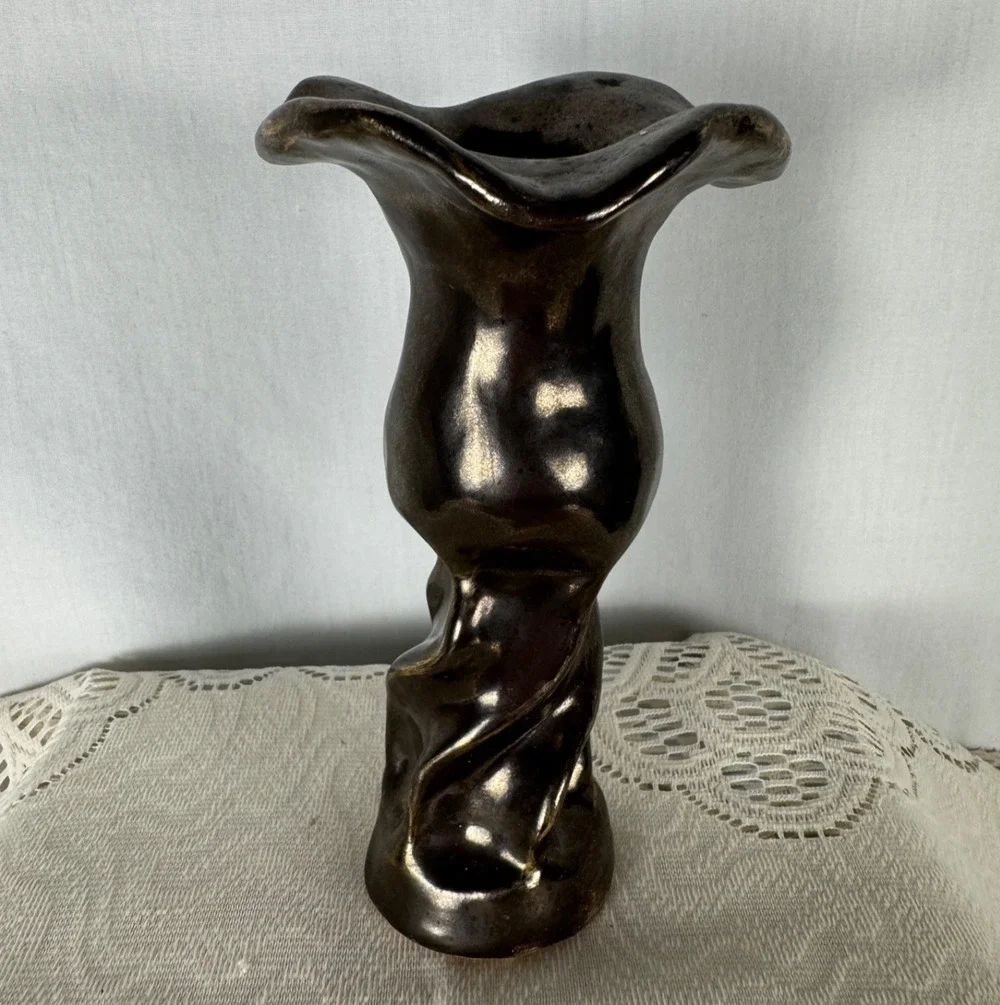 MCM Biomorphic Metallic Brown Twisted Stem Lily Flower Style Vase Art Nouveau